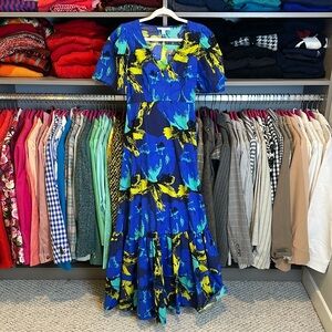 Christopher John Rogers blue/yellow floral short sleeve v neck maxi dress 0 NWT